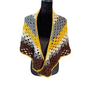 Handmade Crochet Granny Stripe Shawl Yellow Gray Brown Beige Boho Triangle OS